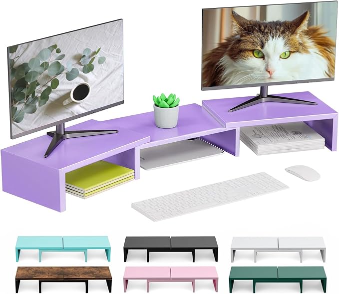 Dual Monitor Stand Riser | Monitor Stand for Desk, Metal Computer Stand, Desk Shelf Riser,Desktop Organizer for Home and Office Use (Purple)