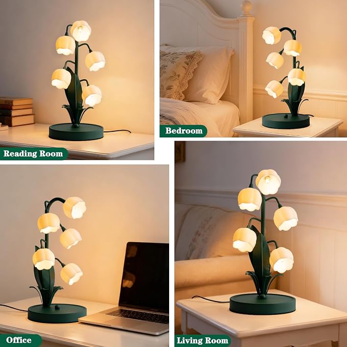 WERFOP Vintage Lily of the Valley Flower Table Lamp | 3 Color Adjustable LED Bedside Lamp, Cute Night Light for Bedroom, Living Room, Dorm Room, Office & Home Decor (Dark Green)