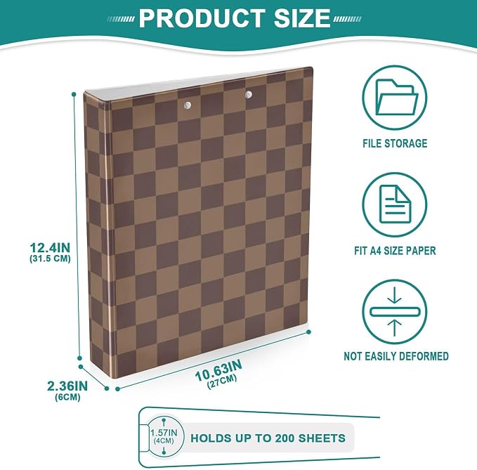 3 Ring Binder Brown Checkerboard B 1.5 inch Binders Three Ring Binders with Clipboard Fit 8.5'' x 11'' Paper 3 Interior PVC Clear Pockets for Office Supplies
