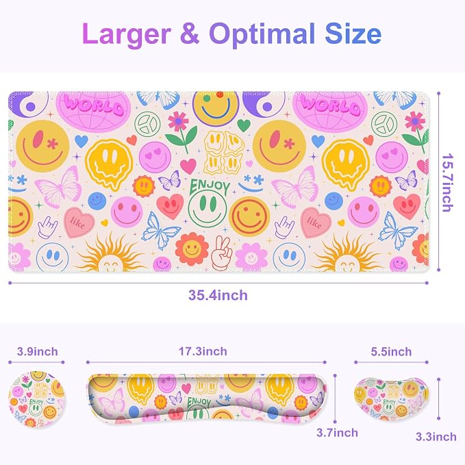Large Gaming Mouse Pad Set, 4 in 1 Extended Keyboard Desk Mat with Wrist Rest, PC Computer Game Mousepad Set, Non-Slip Desk Pad Protector Easy Typing Pain Relief for Home Office I Hippie Smile