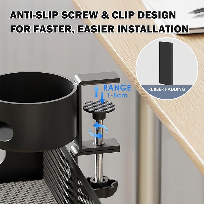 Cup Holder Under Desk Drawer 360° Swivel C-clamp Mounting Mesh Storage Box Spill-proof Easy Install Table Management Tray