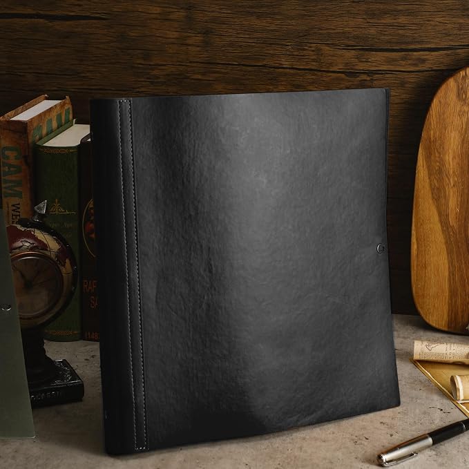 Teling 1 Pcs Leather 3 Ring Binder Holds 8.5 x 11 Inch Paper Binder Organizer Vintage Faux Leather Portfolio Folder Planner for Office Home Document Photo Diary Supplies (Black)