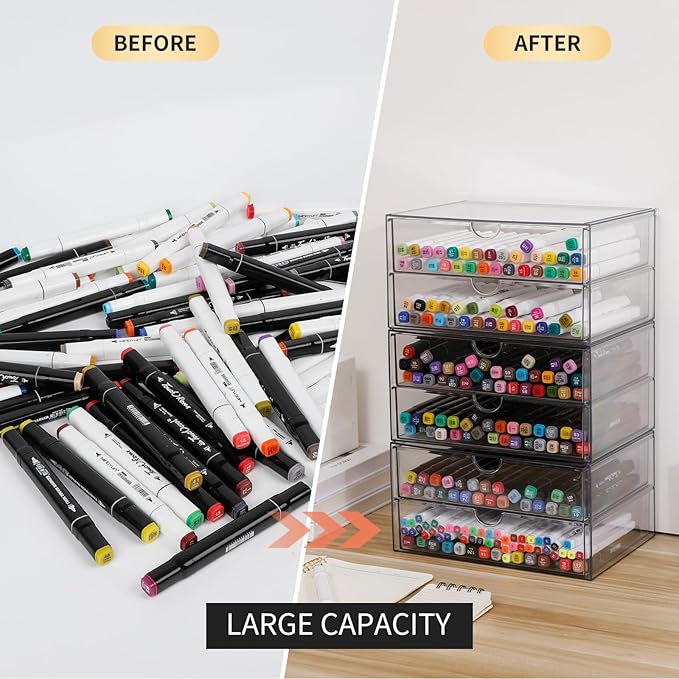 Clear Desk Drawer Organizer, 6 Drawers, Plastic | Stackable Desk Organizers and Accessories, For Pencils, Books, Art Crafts, Makeup, For Home Office, Bathroom, Kitchen