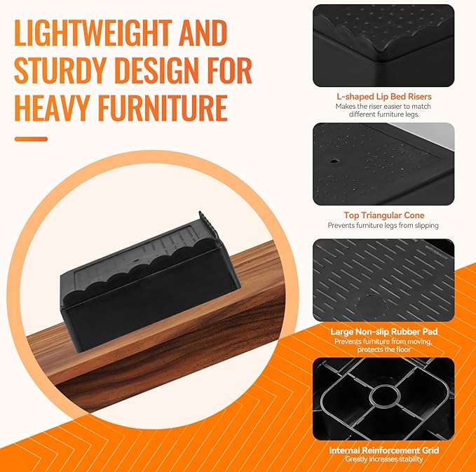 shouwuhho Furniture Risers, 6 Pack Bed Risers with Non-Slip Grip and Heavy Duty Support, 1 Inch 2 Inch 3 Inch 4 Inch Height Lift for Couch, Sofa, Table, Desk, Chair, Refrigerator - Black, 1 Inch