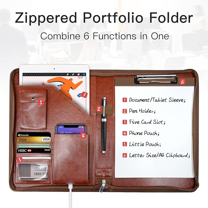 WRIYES Zippered Padfolio Organizer, 10.2 Inch Portfolio Folder, Brown | Leather Planner Binder, For Documents, Letter Size, Business Card Holder, For Men & Women