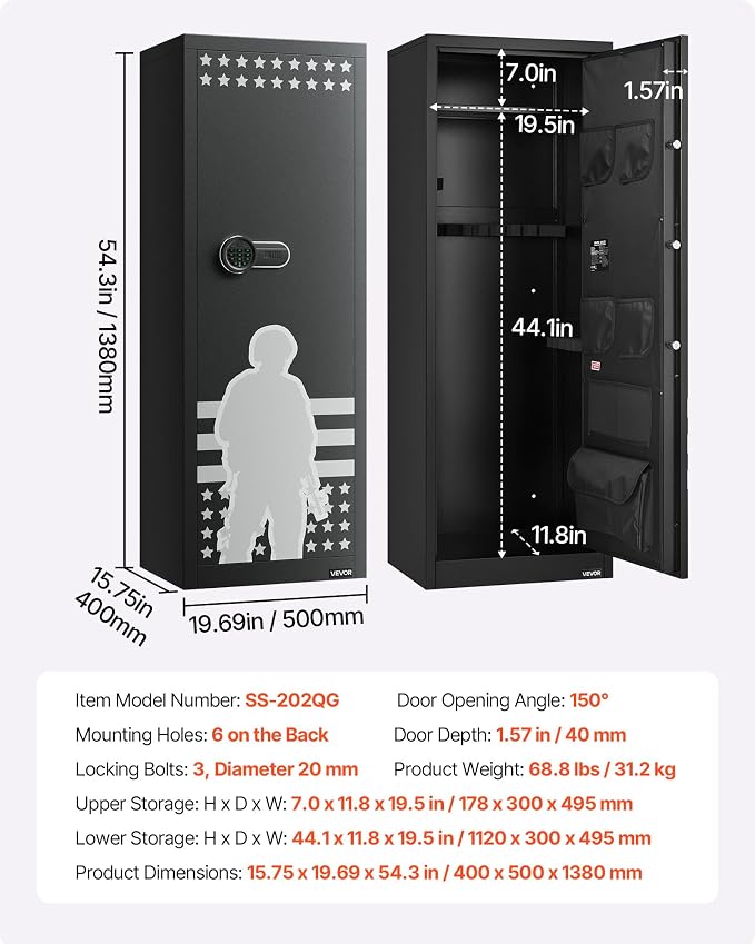 VEVOR 10-12 Gun Safe, Long Gun Cabinet for Rifles and Pistols, Quick Access Rifle Safe with 4 Pistol Pockets and 3 Adjustable Racks, Large Digital Cabinet with Key and Password Lock(Assembly Required)