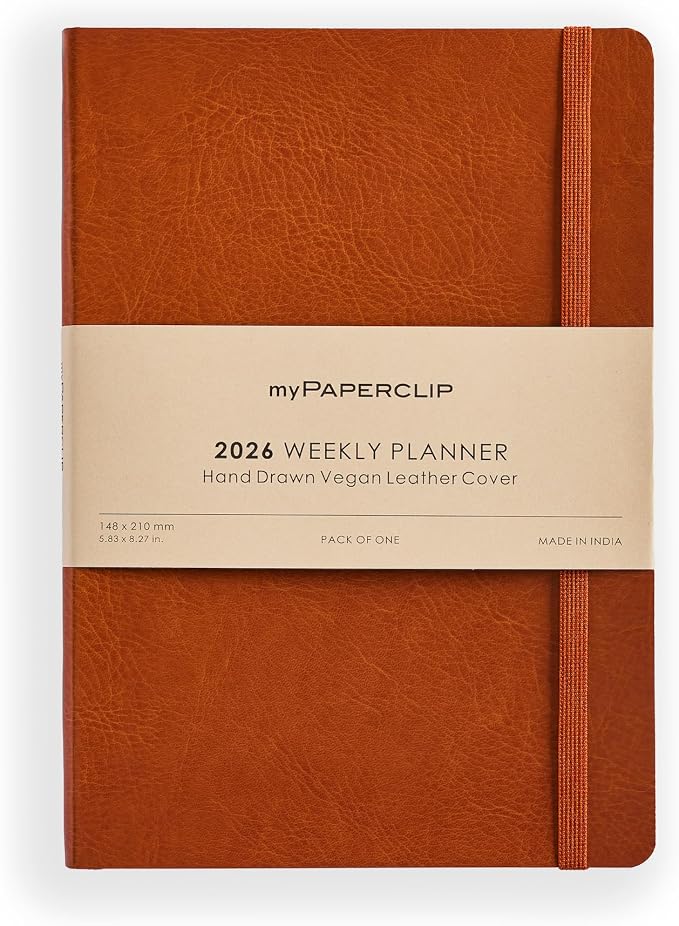 myPAPERCLIP 2026 Weekly & Monthly Planner, 12 Months (Jan2026 - Dec2026), A5 (5.6 in x 8 in), Italian Vegan Leather Planner with Weekly & Monthly Spreads, Yearly Overview – Tan