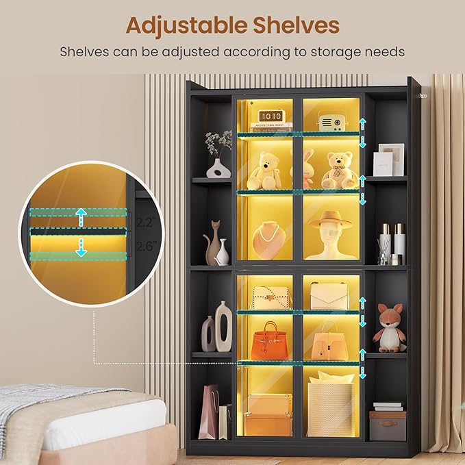 SEDETA 71" Tall 6-Tier Display Cabinet with Doors and Adjustable Shelves | Display Cases for Collectibles,Curio Cabinet with LED Lights & Acrylic Glass Doors for Bedroom Living Room Office,Black