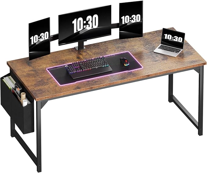 OLIXIS Computer Desk, 63 Inch Gaming Desks for Home Office Small Spaces | Writing Study Craft Work Table, Computer Workstation for Bedroom with Storage Bag, Rustic Brown