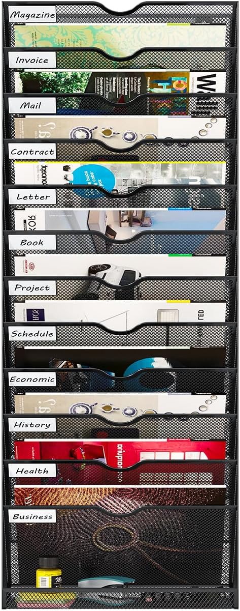 Hanging Wall File Organizer,13-Tier Desk File Mail Holder, Paper Bill Organization For Office Home School, Black