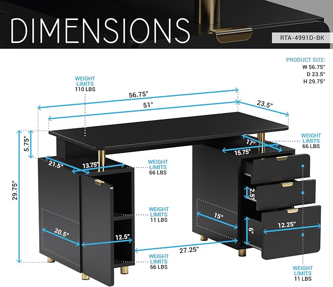 Techni Mobili 57"W Computer Desk w/ 3 Drawers & Storage Cabinet, Black/Gold | Home office workstation, durable construction, everyday productivity, Ideal for home office, Workspace organization
