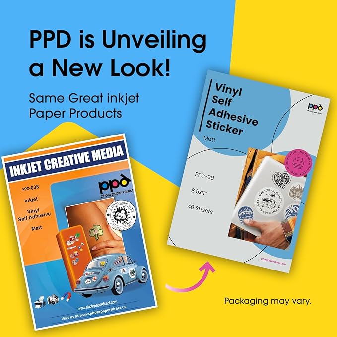 PPD 40 Sheets 8.5x11" Vinyl Sticker Paper Matt Printable Inkjet | Self-Adhesive Premium Backing. Waterproof, tear-resistant, and quick-drying Sheets for Labels and Custom Decals. PPD-38-40