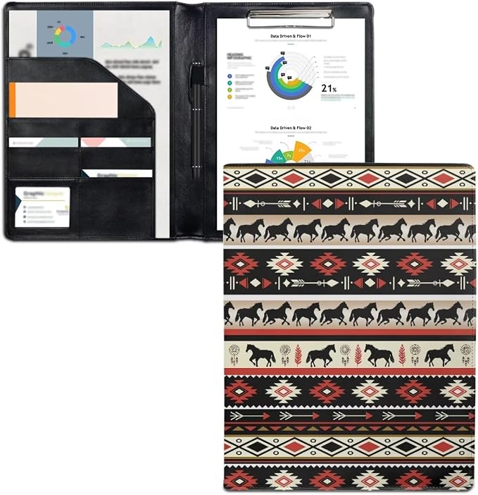 Dreaweet Aztec Ethnic Tribal Horse Pattern Portfolio Leather Padfolio Binder Interview Resume Portfolio Folder Business Card Holder Organizer Letter Size Writing Pad
