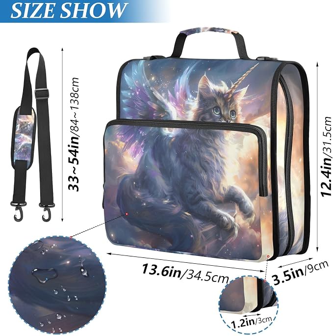Unicorn Cat with Wings 3 Ring Binder Bag 1.5 inch Binder Organizer with Zipper Shoulder Strap 500 Sheet Documents Storage for School Office