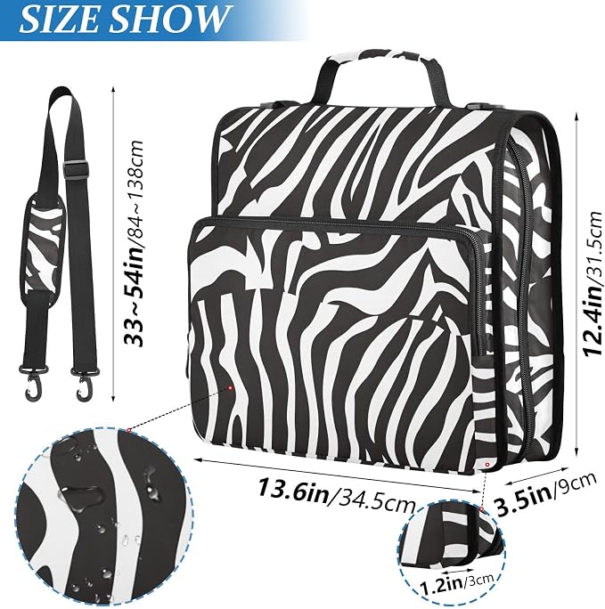 Zebra Print Black White 3 Ring Binder Bag 1.5 inch Binder Organizer with Zipper Shoulder Strap 500 Sheet Documents Storage for School Office