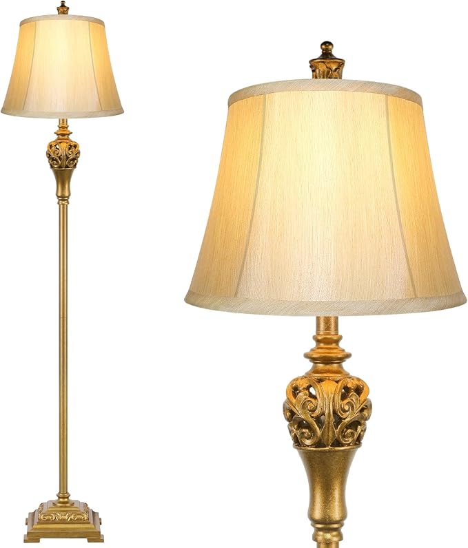 Vintage Floor Lamp for Living Room, Traditional Tall Standing Lamp | Eye-caring Faux Silk Shade, Stable Antique Base, Farmhouse Rustic Design, Bright Floor Lighting