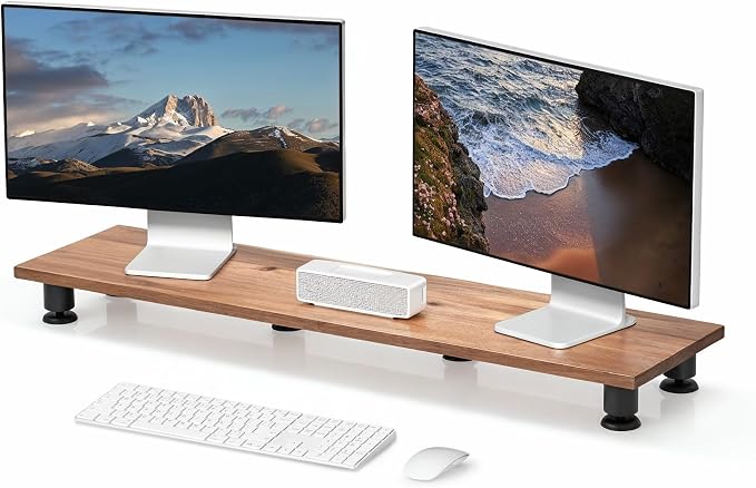 Nordik Dual Monitor Stand Riser -Hardwood Acacia Monitor Shelf (42x10.5 in) | Premium Handmade Acacia Wood Monitor Stand - Easy to Assemble Monitor Riser - Double Monitor Riser with Storage Organizer