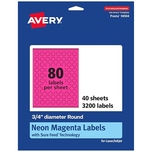 Avery Printable Round Labels, Sure Feed Technology, 3/4" Diameter, Neon Magenta Labels, Print-to-The-Edge, Laser/Inkjet, 3,200 Total, Great for Price Stickers and Mailing Seals