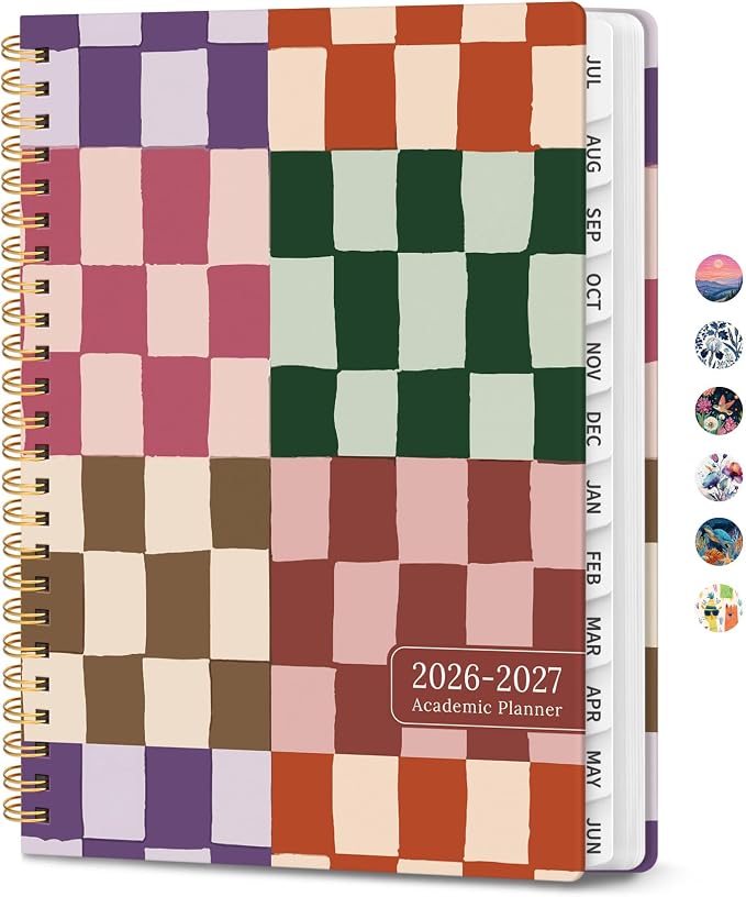 Planner 2026-2027, Academic Year Monthly & Weekly Planner Caledndar, July 2026 - June 2027, Hardcover Large Planning Agenda Book with Tabs for School Office Supplies, 6.3" x 8.5" - Checkered