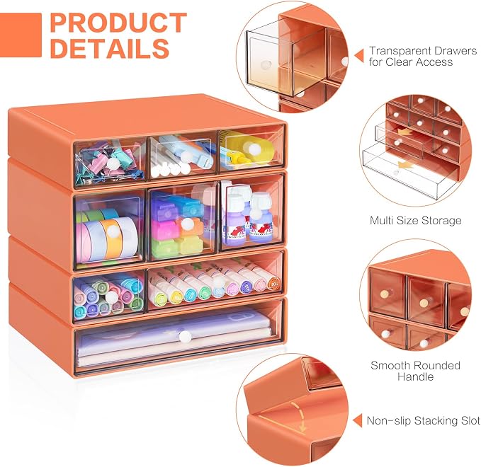 Desk Storage Organizer with 9 Drawers, 4 Tiers Stackable Desktop Craft Storage Drawers, Clear Storage Box Caddy for Stationary Makeup Jewelry Office Craft Supplies (Orange)