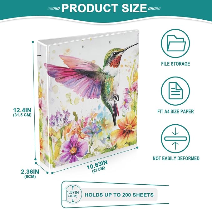 Watercolor Floral Hummingbird Binder 1.5 Inch Binder with Clipboard&Pockets, Colorful Humming Bird Hardcover Binders 3 Ring Heavy Duty File Folder for Office School Supplies-Holds 200 Sheets