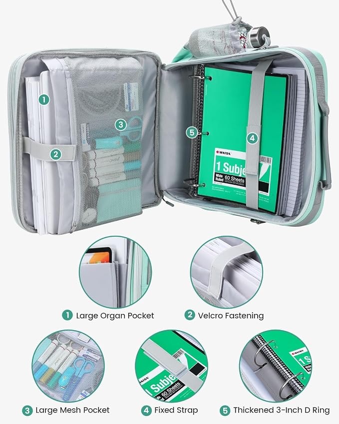 Zipper Binder 3 Inch D-Ring 3 Ring with Water Bottle Holder | Binder with Strap for School/Office, 700 Sheet Capacity-Multiple Pockets, Fit for 13" Tablet/Laptop, Light Blue