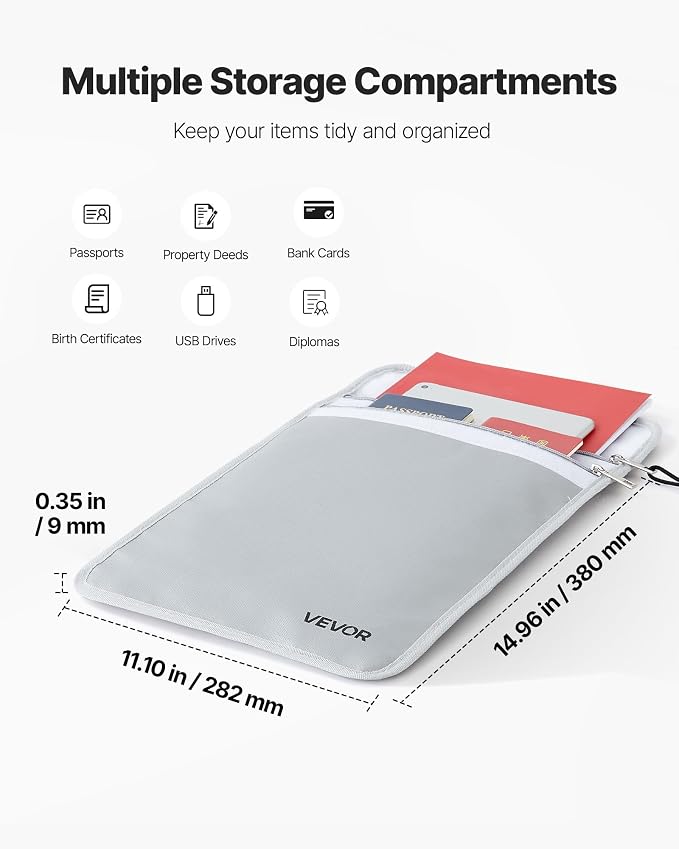 VEVOR Fireproof Document Bag, 2192 ℉ Heat Insulated Fireproof & Waterproof Bag with Smooth Zipper, Portable File Storage Organizer Home Office Travel Use, for Passports, Important Documents, Files