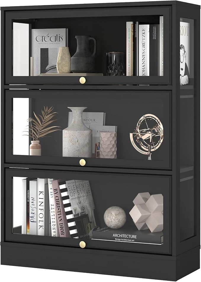 Display Cabinet with Acrylic Glass Doors,3-Tiers Curio Cabinet with LED Lighting for Collectibles, Collectibles Toy Organizers Rack & Display Shelf Display Case Storage Cabinet, Black