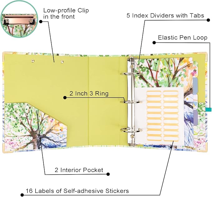 EYROZILL 2 Inch Mini 3 Ring Binder for 5.5" x 8.5" Paper with 5-Tab Dividers EYROZILL Cute Mini Binder for School/Office Supplies and Home, Season Tree