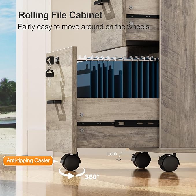 VINGLI 2 Drawer File Cabinet with Lock, Wood Rustic Gray Filing Cabinet for Letter Size File Folders with Tabs, Under Desk Rolling File Cabinets for Home Office, Mobile File Organization Printer Stand
