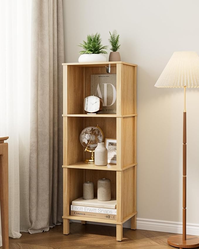 Bookshelf, Modern 3-Tier Bookcase, Open Storage Book Shelf, 11 × 14.2 × 38.9 Inches, Small Narrow Bookshelves for Living Room, Home Office, Bedroom, Natural