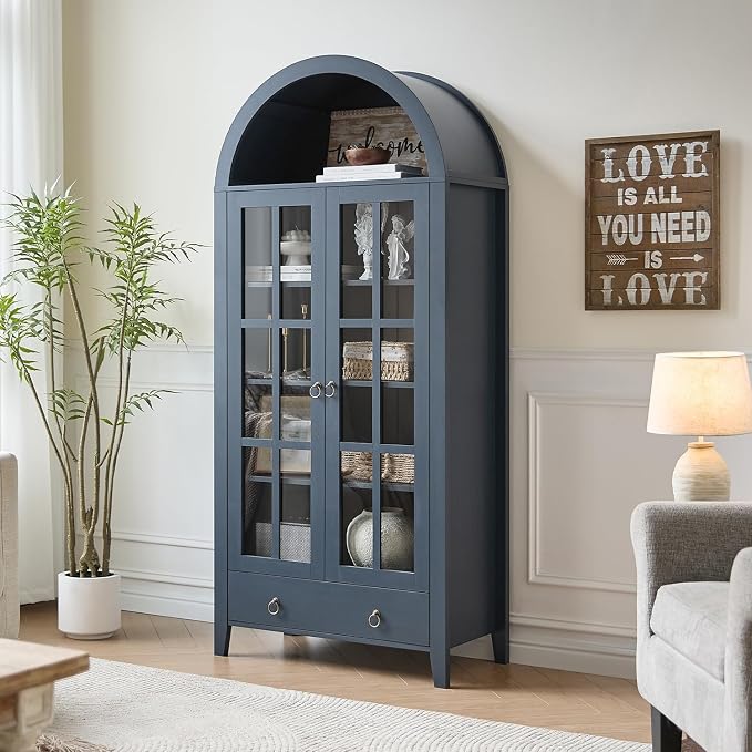 RowyPoey 71" Tall Arched Cabinet Bookshelf with Glass Door & Storage Drawer | Modern Farmhouse Display Cabinet,Adjustable Shelves,Wooden Kitchen Pantry for Dining Room,Living Room,Navy Blue,2 Pack