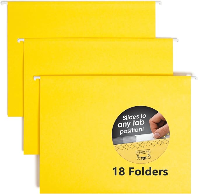 Smead TUFF Hanging File Folder with Easy Slide Tab, 1/3-Cut Sliding Tab, Letter Size, Yellow, 18 per Box (64044, Rod Color May Vary)