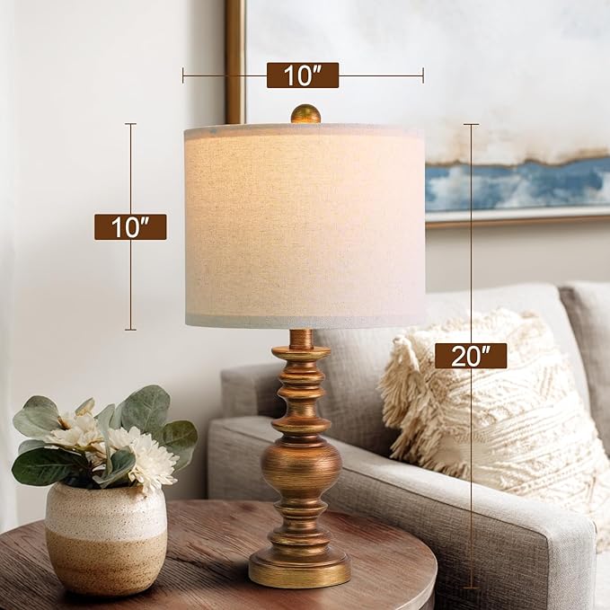 BOBOMOMO 20" Antique Gold Table Lamps Set of 2 – Handcrafted Vintage Bedside Lamps with Linen Shades, Elegant Farmhouse Lamps for Bedroom, Living Room, or Entryway – Perfect for Compact Spaces