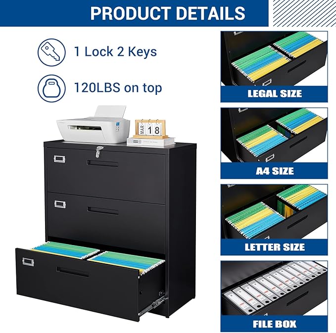 Fesbos Lateral File Cabinet with Lock, 3 Drawer Large Metal Filing Cabinet,Home Office Lockable Storage Cabinet for Hanging Files Letter/Legal/F4/A4 Size-Assembly Required