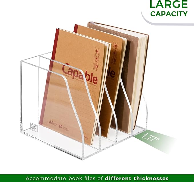 Lovemolly Acrylic Magazine File Holder – 4-Slot Clear Desk Organizer, Vertical Document Sorter for Office, Home & Classroom, No-Assembly Tabletop Rack for Folders, Books & Tablets, 7.09x8.07x6.3 in