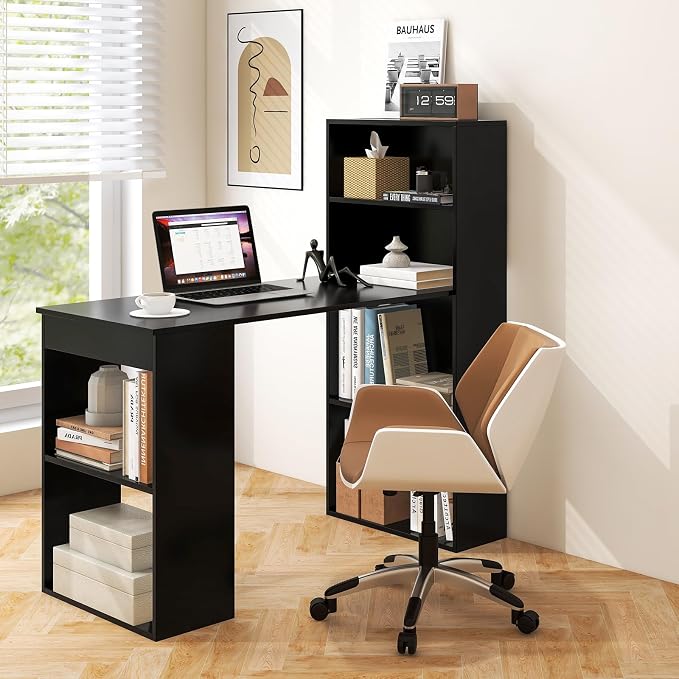 Tangkula Computer Desk with Bookshelf, Writing Study Desk with Storage Shelves & CPU Stand, Modern Compact Computer Workstation for Home & Office, Space-Saving Design (Black) | Bookcase Desk w/Bookshelf Storage Shelves & CPU Stand, Space-Saving Design ...