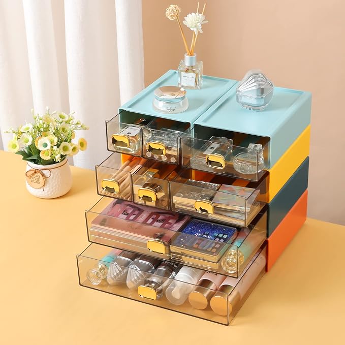Desktop Storage Drawers, Stackable Countertop Organizer with Drawers | Cyan, 4 Small Drawers for Office Supplies, Makeup Organizer, Home Improvement, Desk Organization, Teacher Toolbox