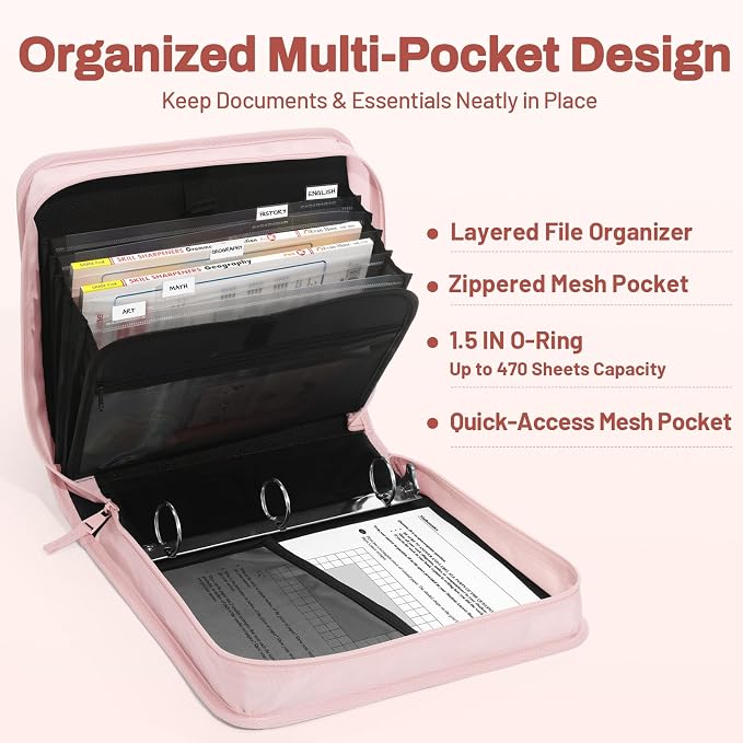 SUNEE Zipper Binder with Handle, 1.5 Inch O-Ring, 325 Pages Capacity, with 5-Tab Expanding File Folder for Classified Storage, Small Size Lightweight Zipper Bag for Middle School Students, Pink Lotus