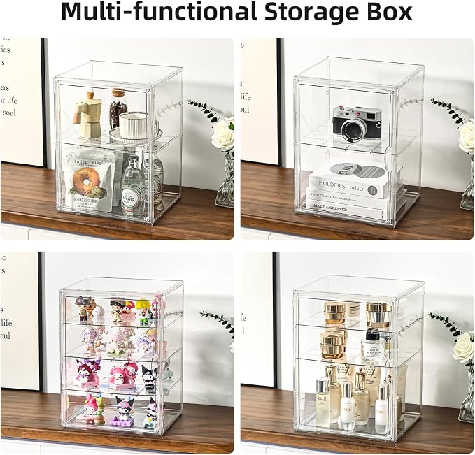 2 Pack 4 Tier Display Case for Collectibles,Clear Display Box with 3 Movable Plates ,Storage Container with Magnetic Door (XXL-4 Tier-2 Pack)