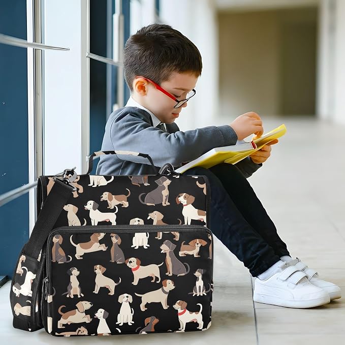 Dog Black Background Pattern 3 Ring Binder Bag 1.5 inch Binder Organizer with Zipper Shoulder Strap 500 Sheet Documents Storage for School Office