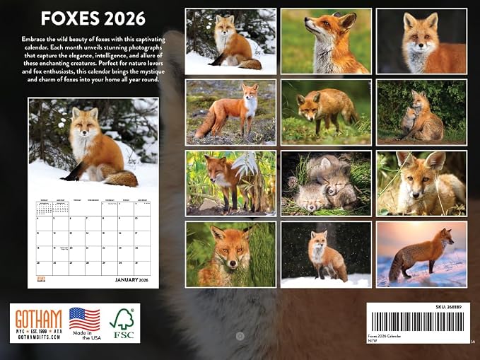 Fox Calendar 2026 Foxes Monthly Wall Calender 12 Month | American Made In The USA
