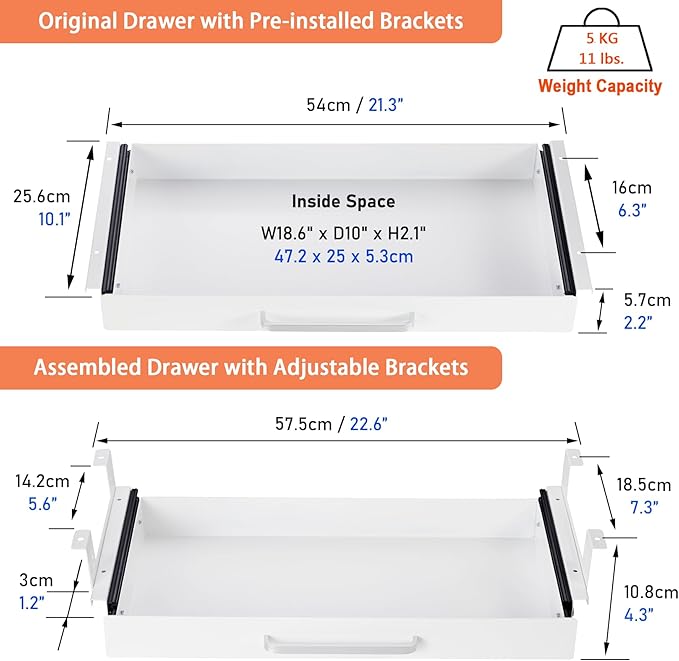 Under Desk Drawer Organizer 21", Large Desk Pencil Storage Drawer | White, Under Cabinet Table, Heavy Duty Pull Out Shelf, Attachable for Workbench, Adjustable Brackets, Work Shop, Desk Lip
