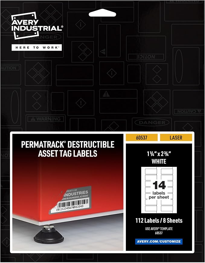 Avery White Asset Tag Labels, 1-1/4" x 2-3/4", Destructible Laser Printable Tags, 112 Waterproof Labels (60537)