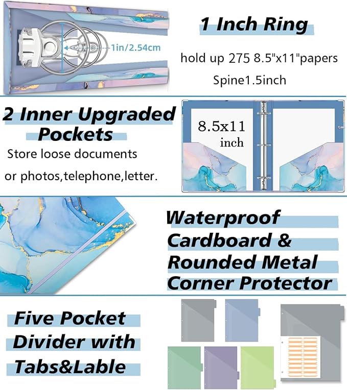 3 Ring 1 Inch Binder Organizer, KLLVE Three Ring Binders with Clipboard, 5-Tabs Pockets Dividers, Plastic Folder, 18 Divider Stikers,Pen Loop (Blue Marble, Letter Size)