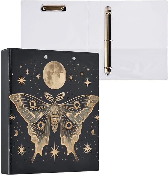 3 Ring Binder 1.5 in Recipe Binders 1 Pcs Moth Moon | Decorative Client Records with Clip 3 Clear Interior Pockets for 200 Sheets Letter-Size(11" x 8.5") Paper PVC Cover Folder