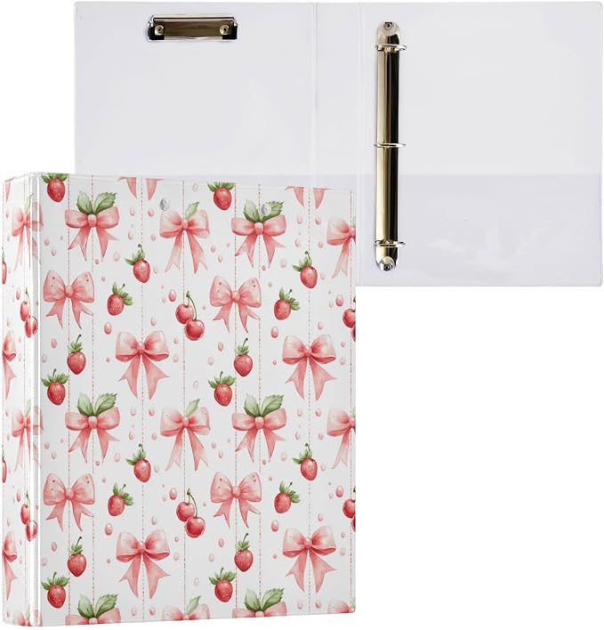 Cute Bows Strawberries 3 Ring Binder, 1.5 Inch Round Ring Binders Clipboard Work Binders Organizer with Pockets Holds 200 Sheets for School Office 1 Pack