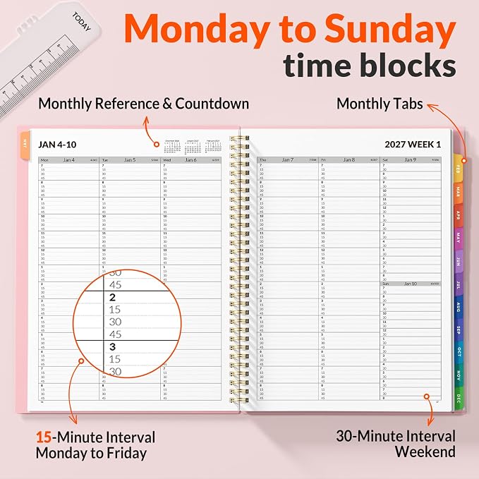 SUNEE 2027 Appointment Book, Quarter-Hourly, Weekly Monthly Planner, 8.5"x11",Pink