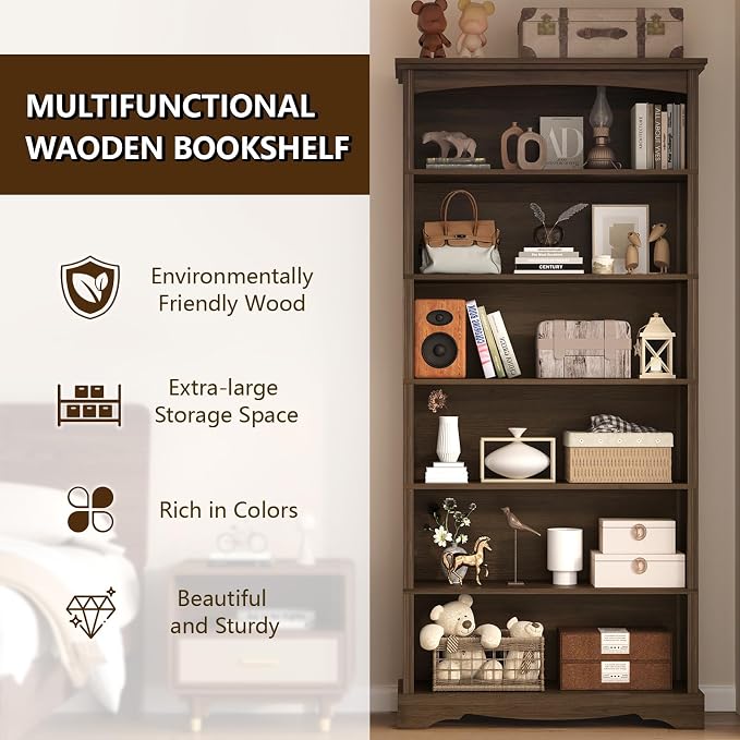 TVU 6-Tier Wooden Bookshelf, 76 Inch Tall Bookshelf with Storage, Floor Standing Modern Style Display Bookcase for Living Room, Office, Study Room, Entryway, Brown