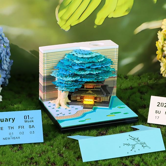 3D Time Piece Calendar, 2027 Desk Calendar With LED Light, 3d Tree Memo Pad Creative Desk Calendar, Christmas Gift for Colleague Friend, Desktop Decoration